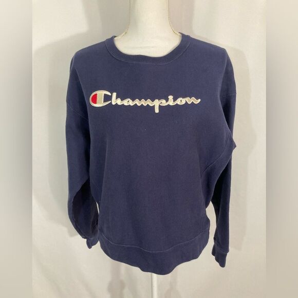 Champion Sweatshirt Women’s L Blue Crewneck Spell Out Garment Dyed WL265 - Picture 3 of 11